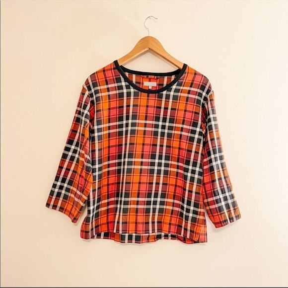 Margaret Howell Italian Cuffed Cotton Plaid Blouse in Red and Orange, size 8 - Picture 7 of 12